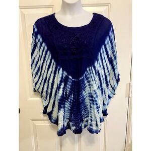 Jackpot (One Size) Tie Dye Embroidered Blue Boho Hippie Batwing Blouse Top Shirt